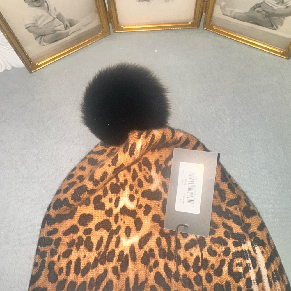 Sofia Cashmere Leopard Print Hat with Black Pom Pom